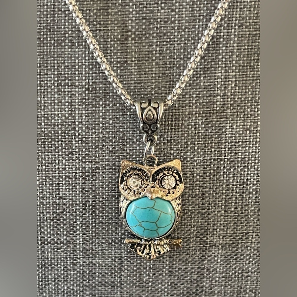 Womens Owl Silver/Gold Tone  Faux Turquoise Boho Necklace